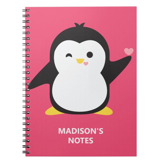 Caderno Espiral Nome personalizado e pinguim de cor (Frente)
