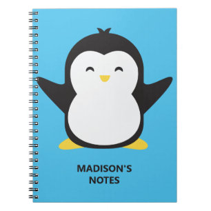 Caderno Espiral Nome personalizado e pinguim fofo colorido