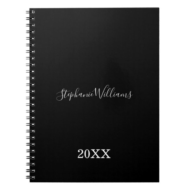 Caderno Espiral Nome Personalizado Elegante Branco Preto Ano Cute  (Frente)