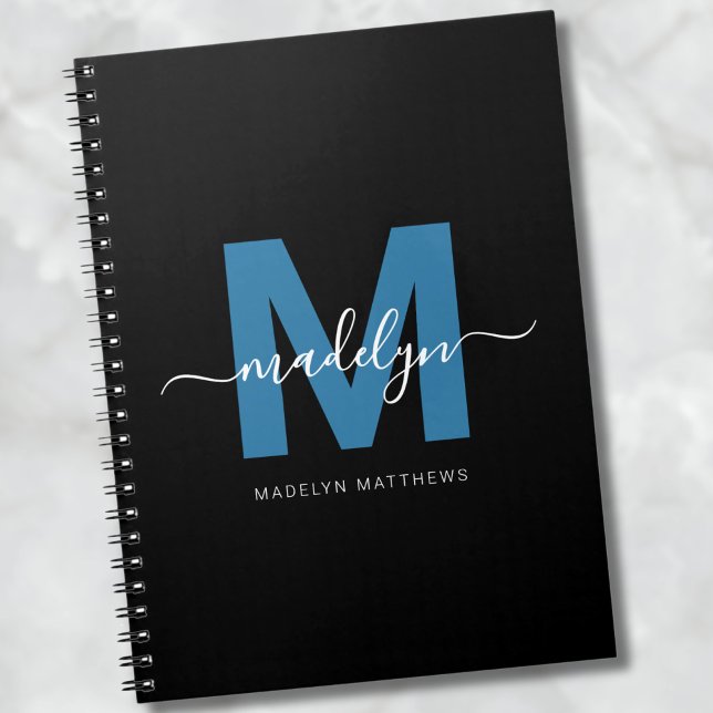Caderno Espiral Nome Personalizado em Azul com Monograma Inicial (Personalized Blue Script Name Initial Monogram notebook)
