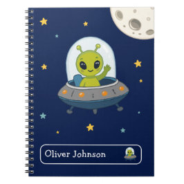 Caderno Espiral Nome Personalizado Escola Espaço Lua Alien Fofo