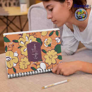 Caderno Espiral Nome Personalizado Floral Abstrato Laranja Branco