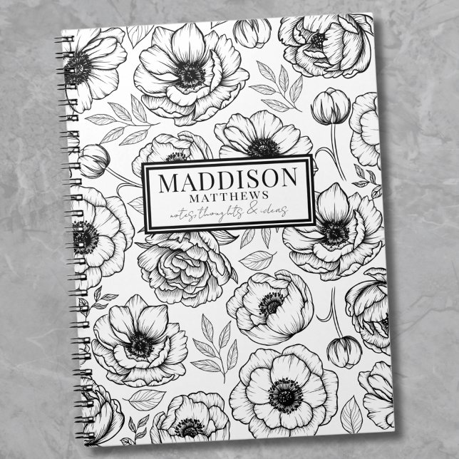 Caderno Espiral Nome Personalizado Floral Preto Branco Elegante (Stylish Black White Personalized Name notebook)