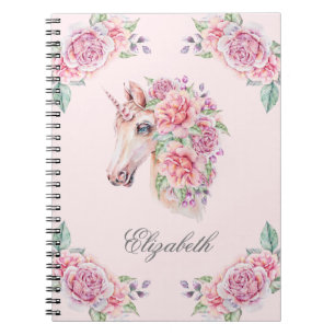 Caderno Espiral Nome Personalizado Floral Rústico Aquarela Unicórn