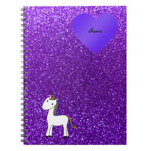 Caderno Espiral Nome personalizado fofo unicórnio roxo glitter cor