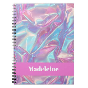 Caderno Espiral Nome Personalizado Holográfico Iridescente Rosa