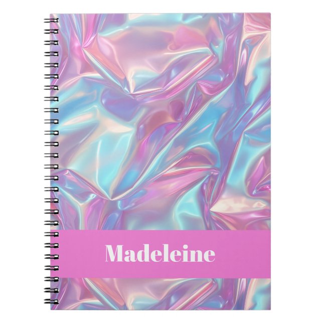 Caderno Espiral Nome Personalizado Holográfico Iridescente Rosa (Frente)
