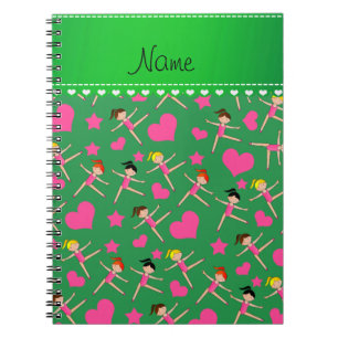 Caderno Espiral Nome personalizado moça verde ginasta estrelas de