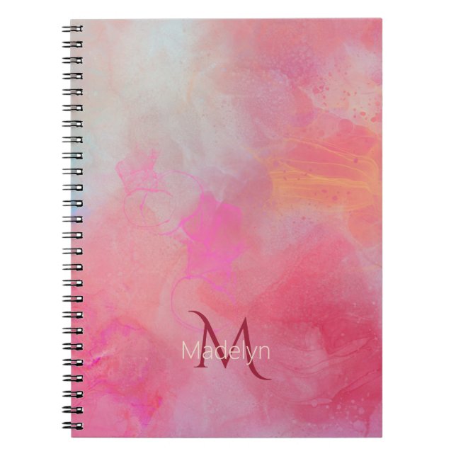 Caderno Espiral Nome Personalizado + Monograma Rosa Tinta de Aquar (Frente)