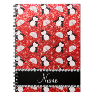Caderno Espiral Nome personalizado neon red glitter penguins igloo