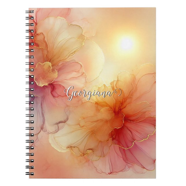 Caderno Espiral Nome Personalizado Peach Raspberry Álcool Floral A (Frente)