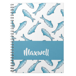 Caderno Espiral Nome personalizado peixe azul em branco