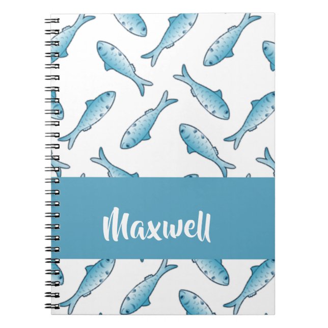 Caderno Espiral Nome personalizado peixe azul em branco (Frente)
