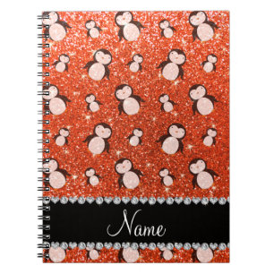Caderno Espiral Nome personalizado pinguins de brilho neon laranja