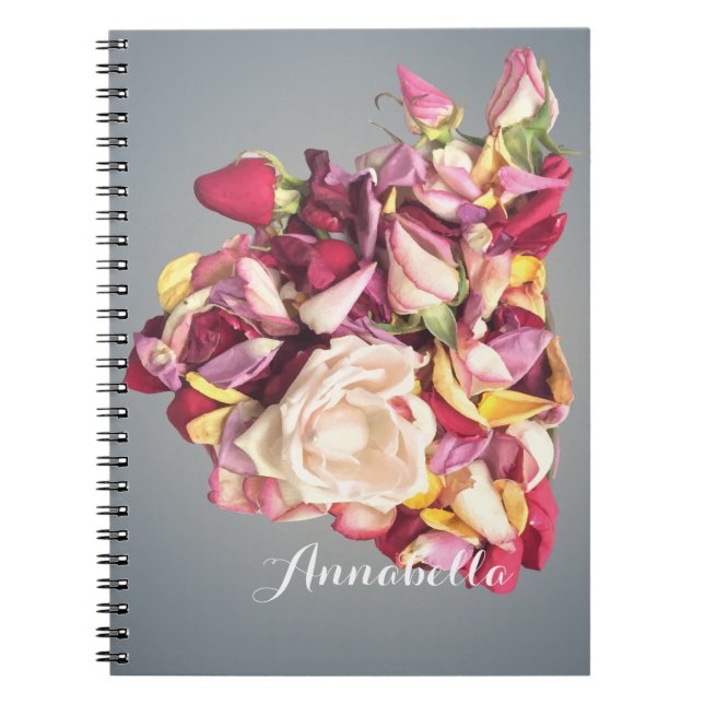 Caderno Espiral Nome personalizado Pink e Silver Rose Bouquet (Frente)