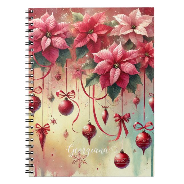 Caderno Espiral Nome Personalizado Poinsettia Whimsical Baubles de (Frente)