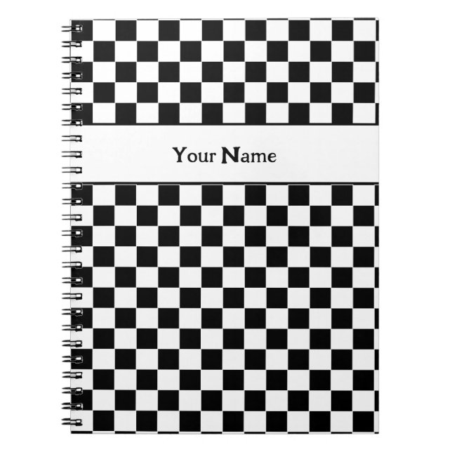 Caderno Espiral Nome personalizado preto e branco com verificação  (Frente)