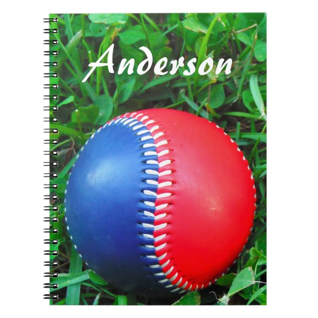 Caderno Espiral Nome personalizado Red White e Blue Baseball (Frente)