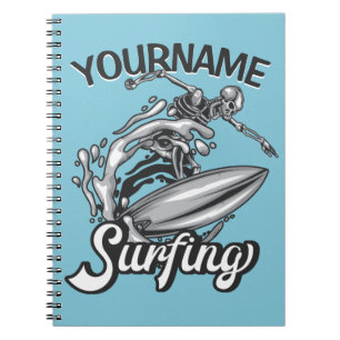 Caderno Espiral Nome personalizado Surfer Big Wave Skeleton surfin