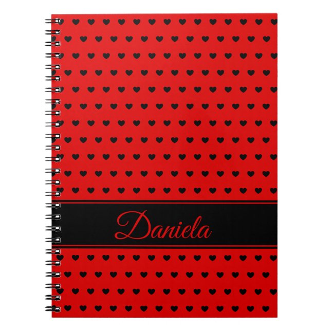 Caderno Espiral Nome Personalizado - Vermelho com Corações Pretos (Frente)