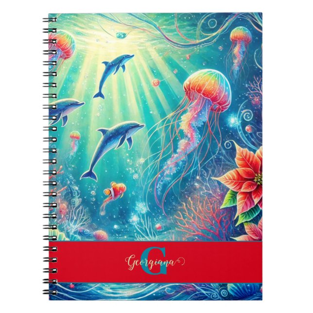 Caderno Espiral Nome Personalizado Whimsical Floral Coral Reef Poi (Frente)