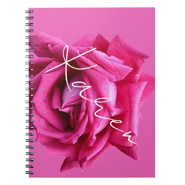 Caderno Espiral Nome personalizável Karen rosa floral rosa quente  (Frente)