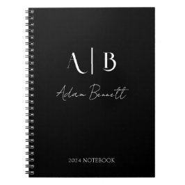 Caderno Espiral Nome preto das Iniciais do Monograma Personalizado