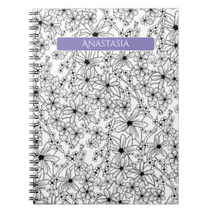 Caderno Espiral Nome Púrpura do Padrão Preto Branco Floral Desenha