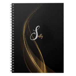 Caderno Espiral Nome Simples do Script do Monograma Preto e Dourad
