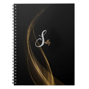 Caderno Espiral Nome Simples do Script do Monograma Preto e Dourad