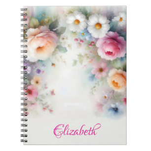 Caderno Espiral Nomes de Arte Floral Aquarela em Aquarela Bonito e