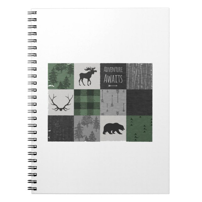 Caderno Espiral Northwoods Adventure Patchwork - cinzas e verdes (Frente)