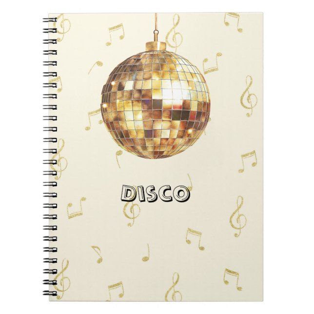 Caderno Espiral Notas de Brilho de Bola de Discoteca Dourada (Frente)