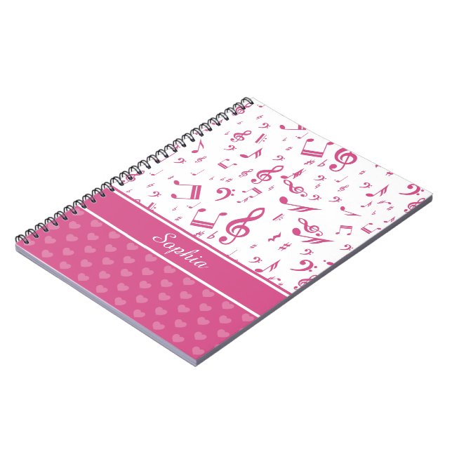 Caderno Espiral Notas de música personalizadas e padrões de coraçõ (Left Side)