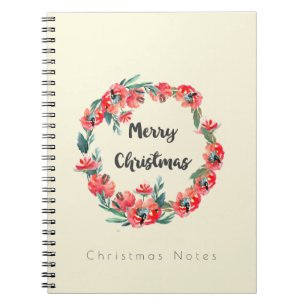 Caderno Espiral Notas de Natal Vermelhas Florais Watercolor Wreath