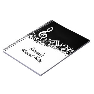Caderno Espiral Notas Musicais Brancas Personalizadas em Preto