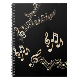 Caderno Espiral Notas Musicais Douradas em Preto