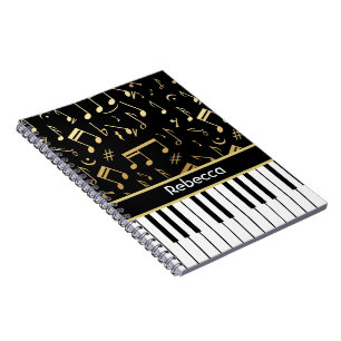 Caderno Espiral Notas Musicais e Chaves Pianas Pretas e Douradas