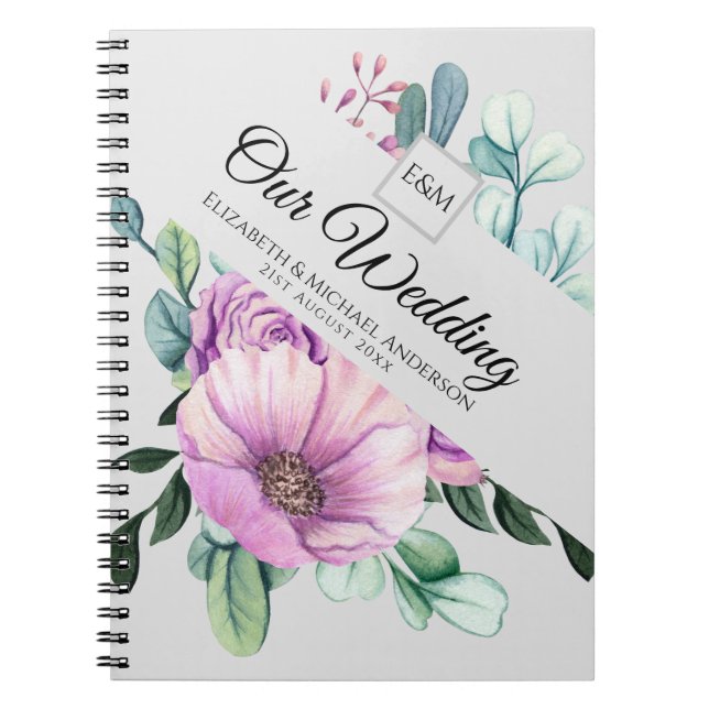 Caderno Espiral Notas sobre o Monograma Floral Roxo (Frente)