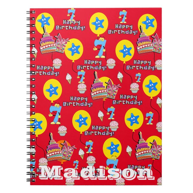 Caderno Espiral Notebook, #7 Happy 7th Birthday Notes Red (Frente)