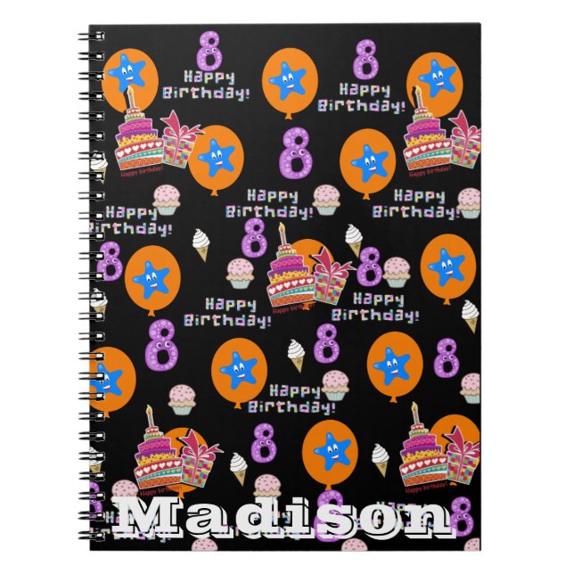 Caderno Espiral Notebook #8 Feliz 8 Aniversário Notas Negras (Frente)
