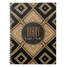Caderno Espiral Notebook Art Deco Diamantes Pretos Diário Dourado