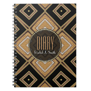 Caderno Espiral Notebook Art Deco Diamantes Pretos Diário Dourado