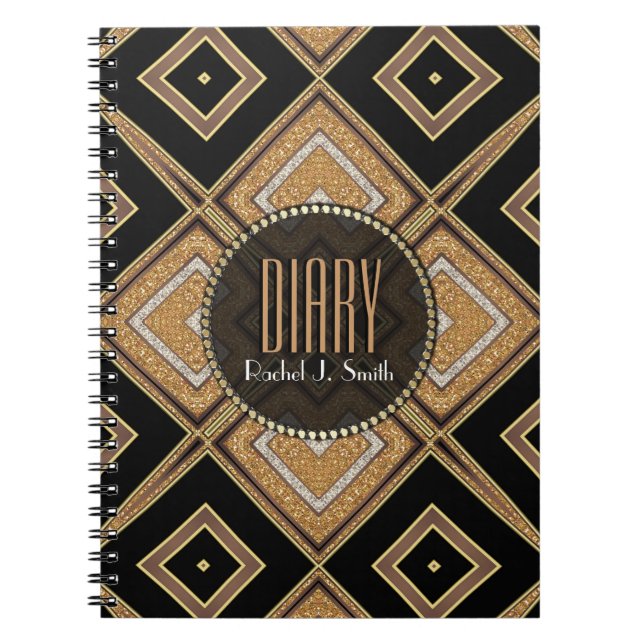 Caderno Espiral Notebook Art Deco Diamantes Pretos Diário Dourado (Frente)