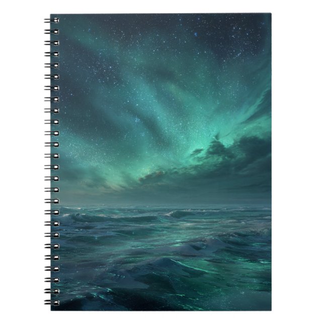 Caderno Espiral Notebook Aurora Ocean Glow Green Night Sky (Frente)