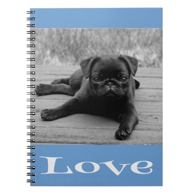Caderno Espiral Notebook Black & White Pug Puppy Dog Blue Love (Frente)