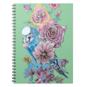 Caderno Espiral Notebook Blue Budgie Rosa Watercolor Green Bird