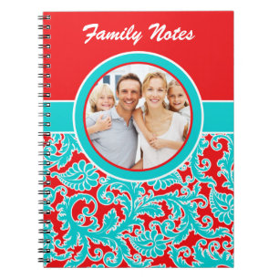 Caderno Espiral Notebook Blue Red White Damask Family Notes