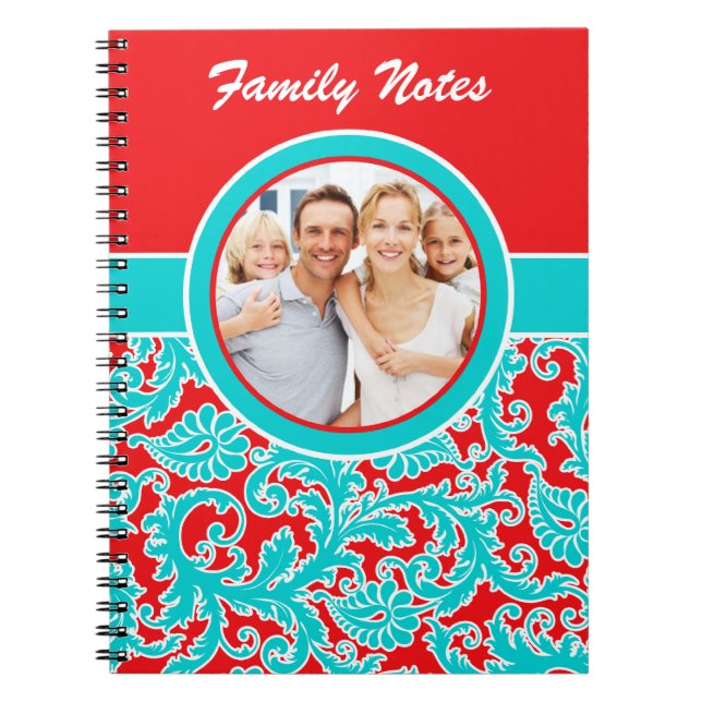 Caderno Espiral Notebook Blue Red White Damask Family Notes (Frente)