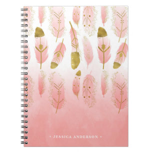 Caderno Espiral Notebook Bohemian Pink and Dourado Feather